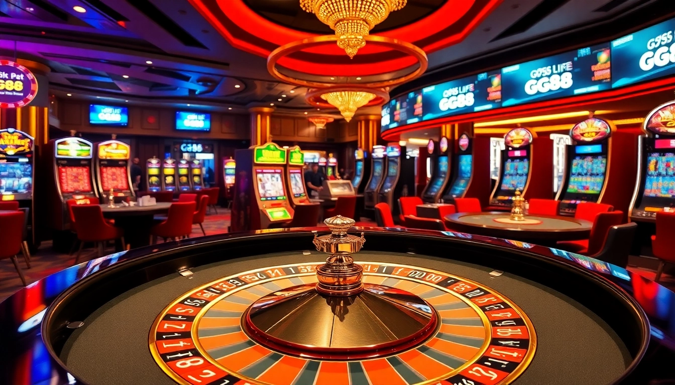 Engaged players betting on GG88's luxurious casino table, surrounded by vibrant slot machines, cards, and dice.