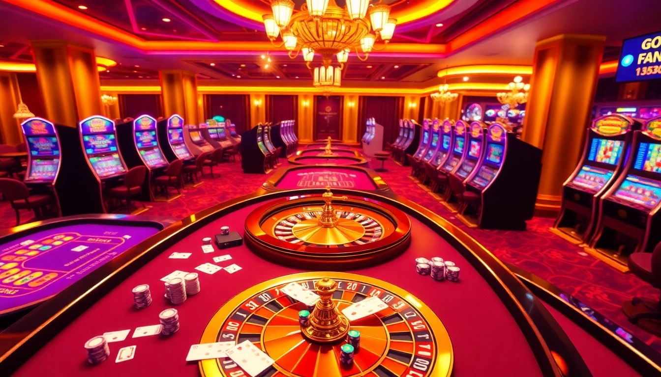 Enjoy a dynamic online gaming experience at uu88, featuring vibrant casino elements like roulette wheels and slot machines.