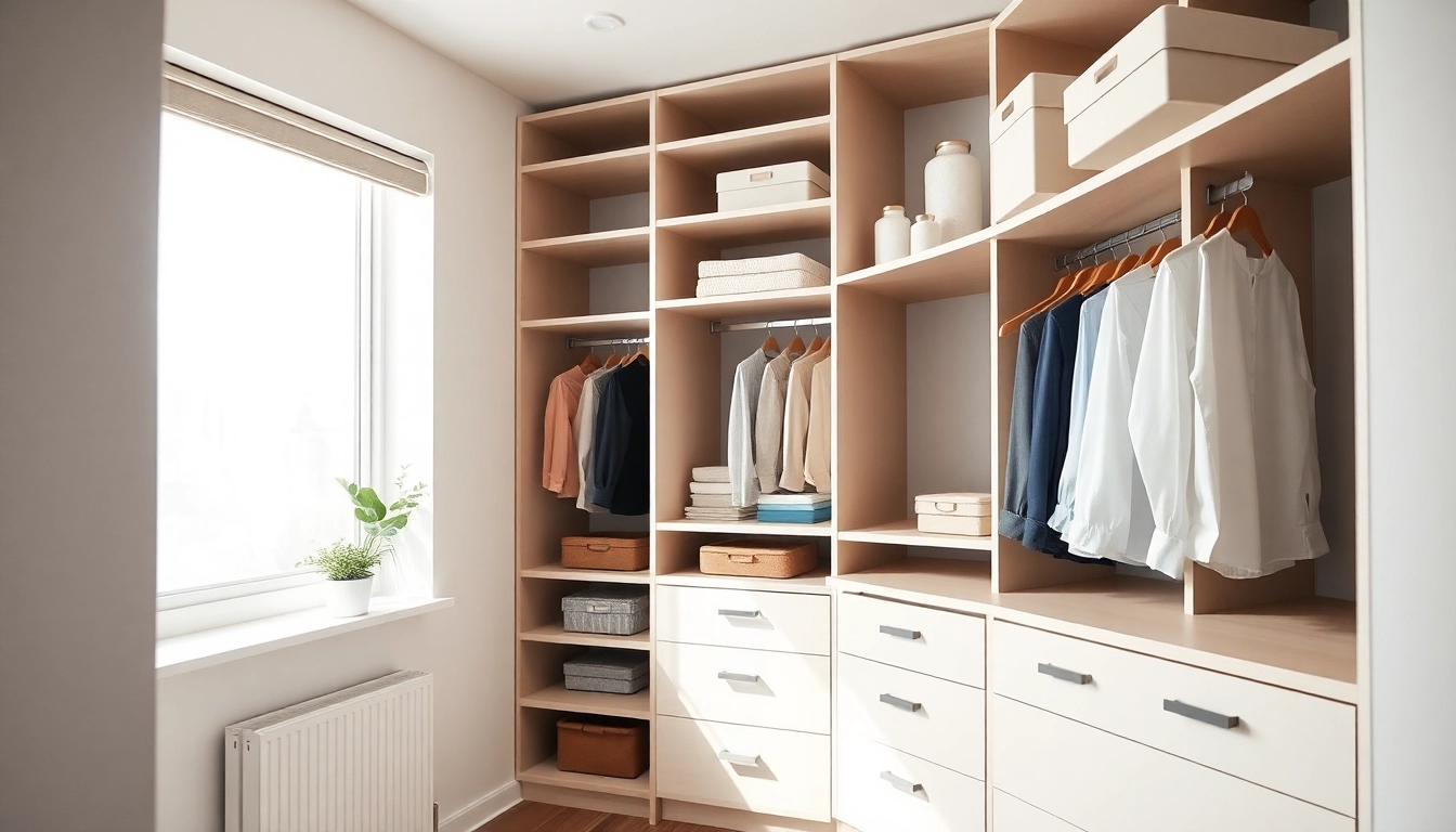 Organized closet demonstrating efficient closet organization with neatly arranged shelves and stylish bins.