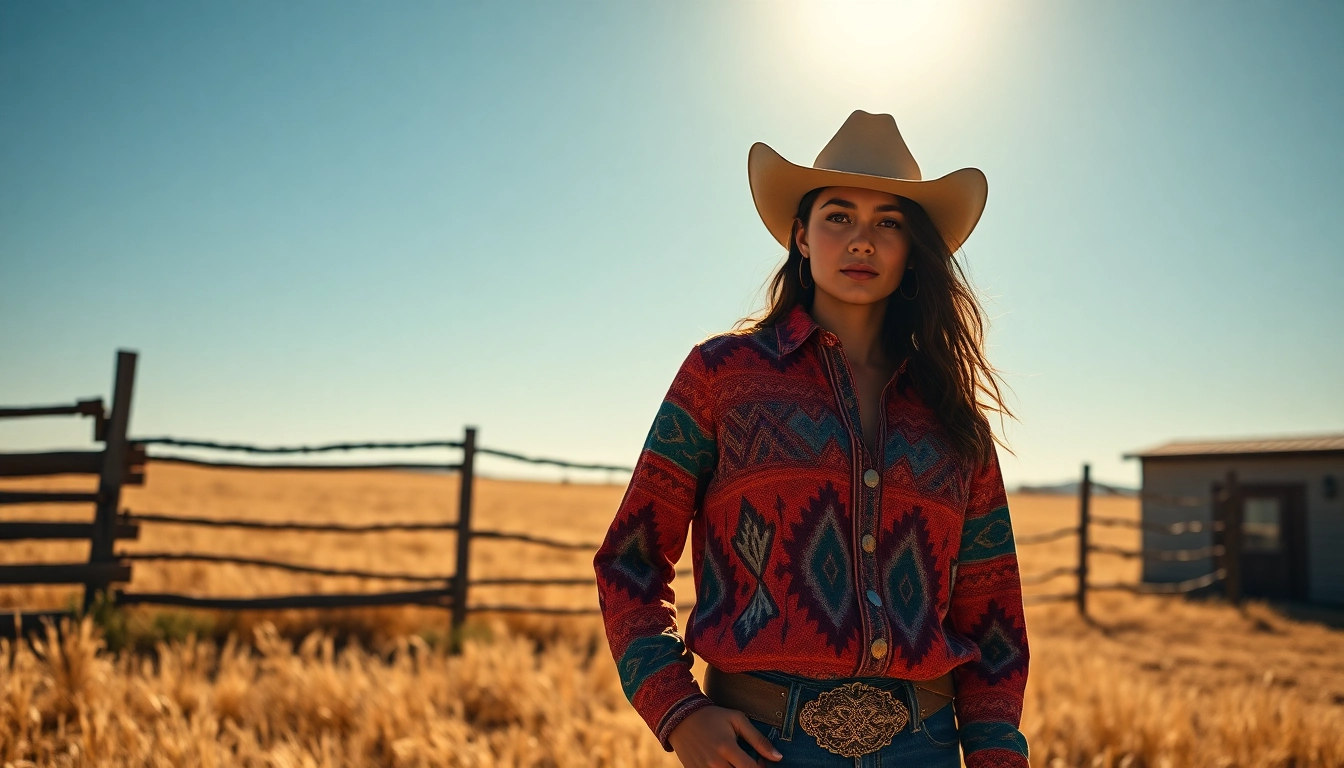 Model showcasing Aztec Print Western Wear against a radiant ranch backdrop.