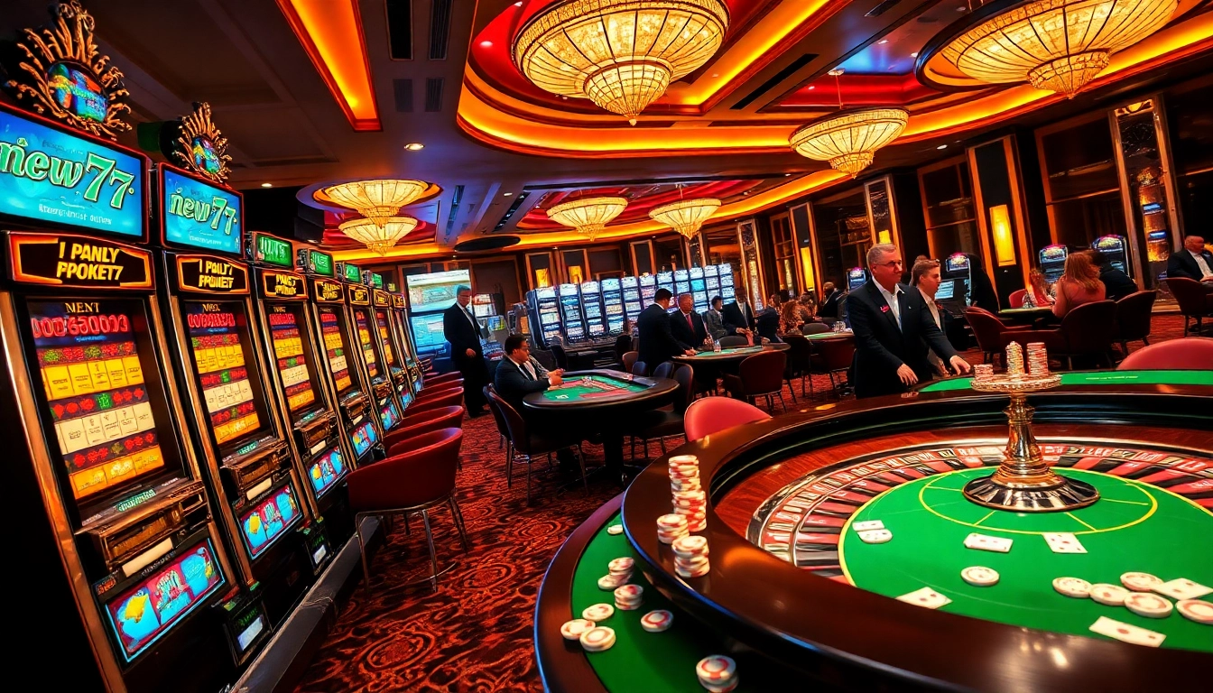 Excited gamblers play on casino slots and tables, including new77 digital displays, showcasing thrilling action.