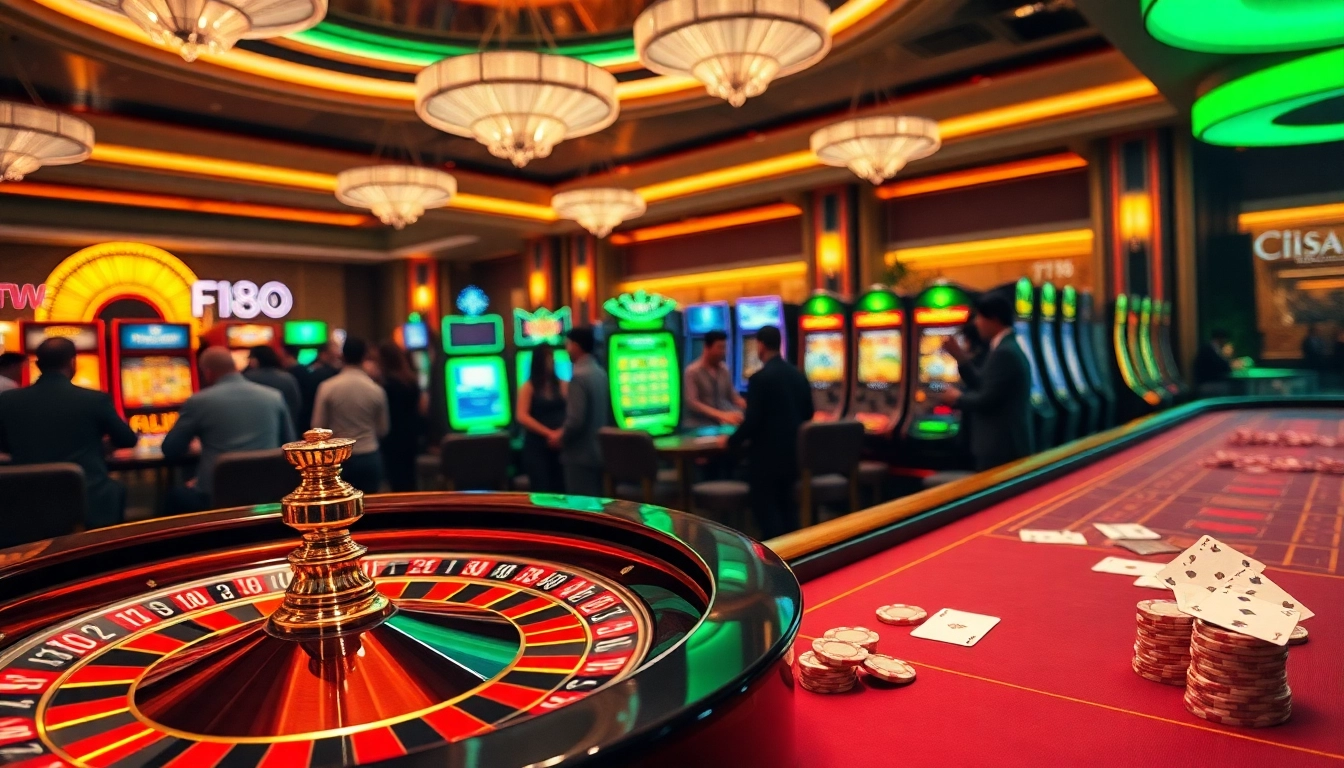 Engage in thrilling games and strategic betting at https://f168.group/ with poker chips and roulette wheel.