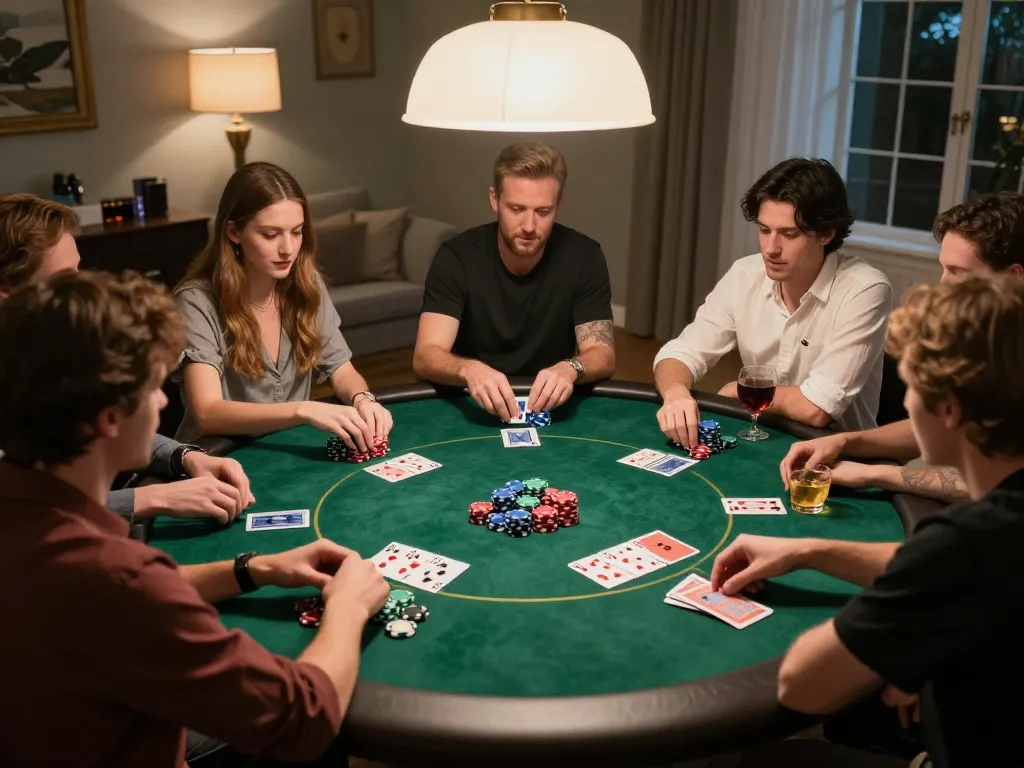 Players enjoying a friendly poker game at home using F8BET COM platform, with colorful chips and cards.