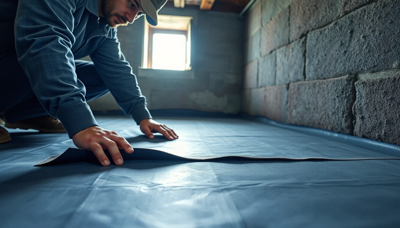 Technician performing vapor barrier installation in a crawl space, ensuring moisture protection