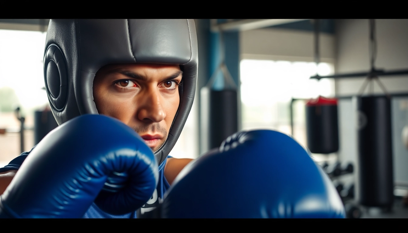 Sportler mit effektiven Kopfgear boxing in einem modernen Boxring im Training.