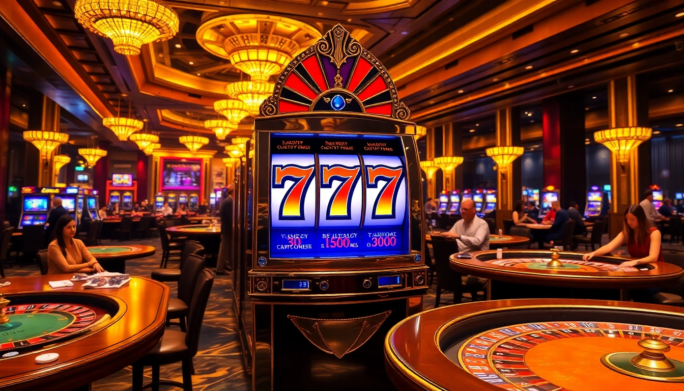 Excited players engaging with the slot 777 machine in a vibrant casino atmosphere.