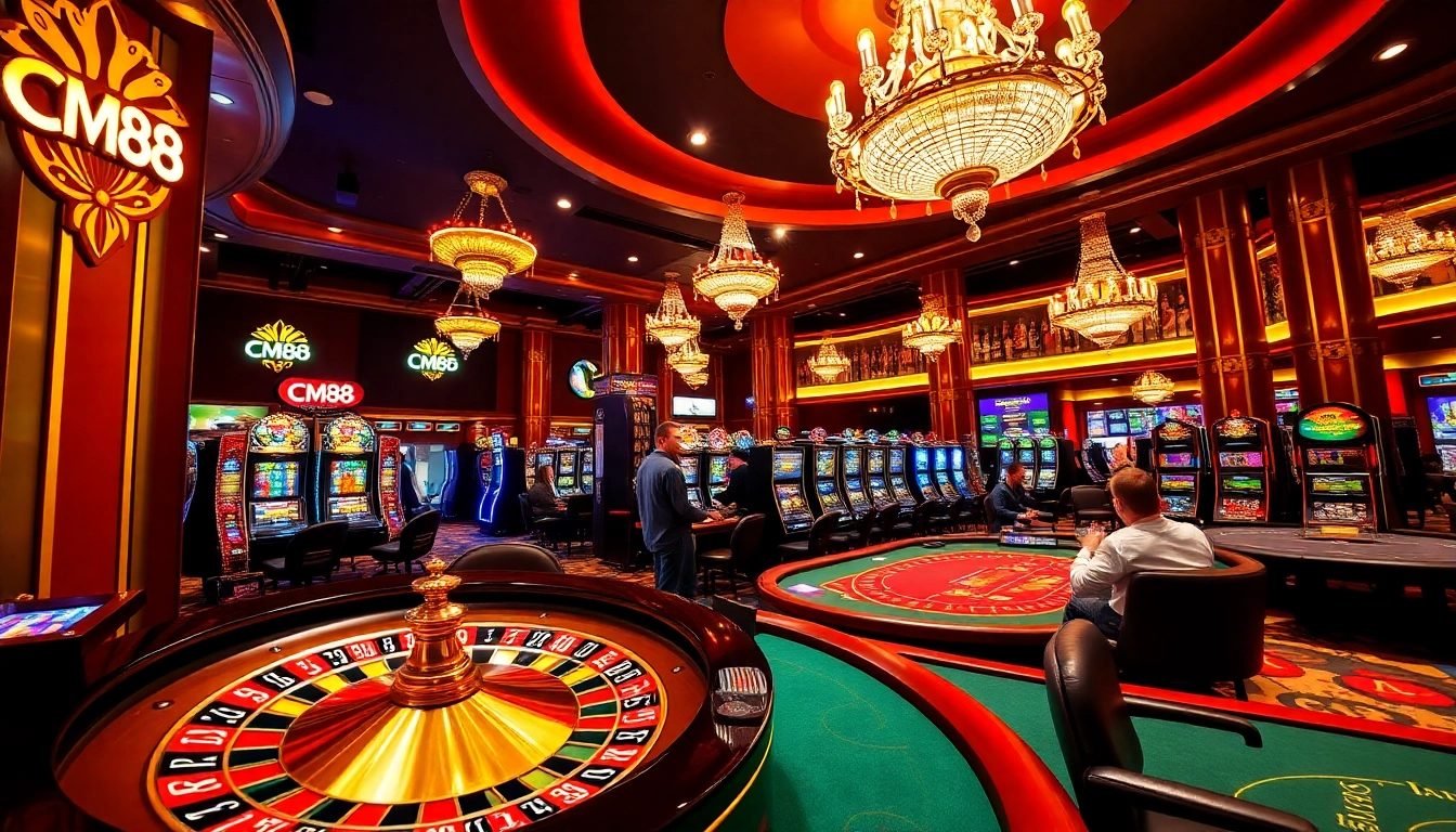 Experience CM88’s vibrant casino scene with roulette, poker chips, and slot machines.