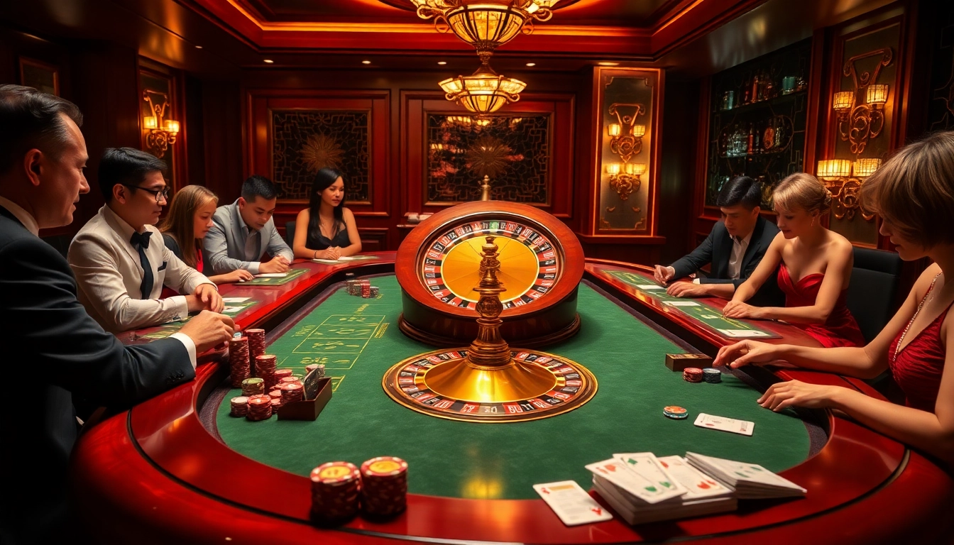 Kết quả xổ số excitement captured in a luxurious gaming room with players at a roulette table.