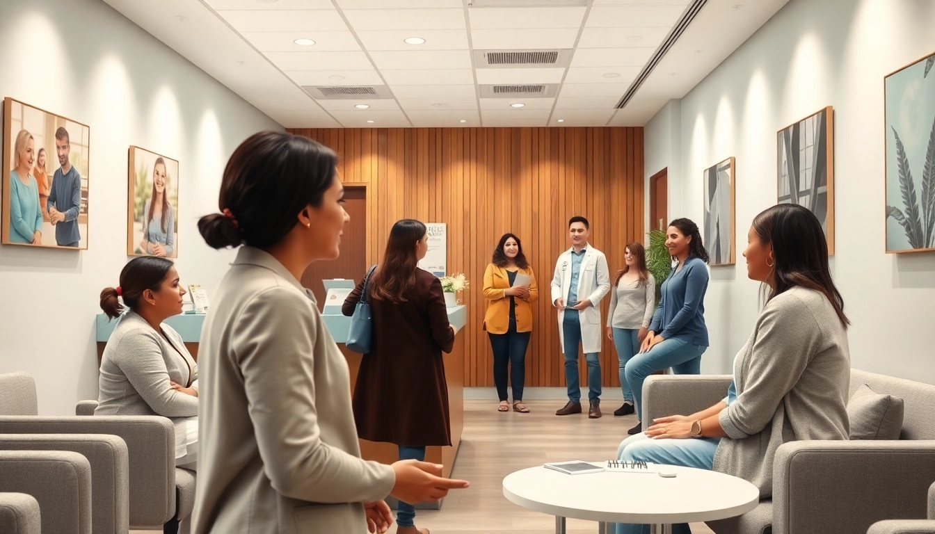 ABCクリニックの口コミ・評判を紹介する、患者とスタッフがいる歓迎的なクリニック受付エリアの様子