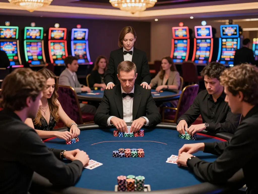 Players engaging in an intense poker game at a luxury casino, highlighting the excitement of 789club gameplay.