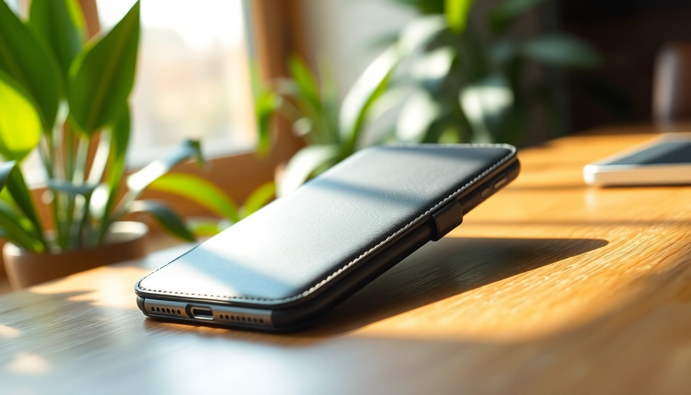 Handytasche Magnetverschluss präsentiert mit stilvollem Design und natürlicher Beleuchtung.