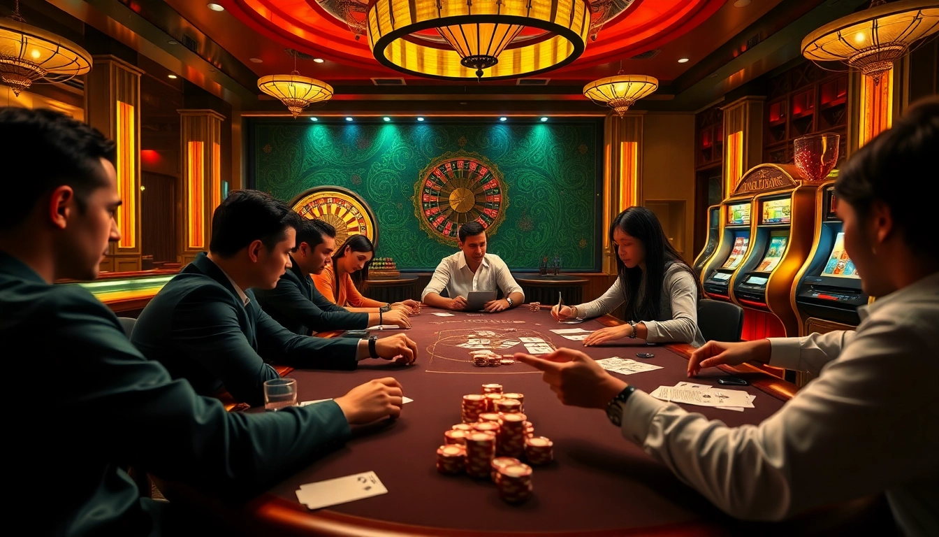 Para pemain menikmati permainan poker taruhan tinggi di meja kasino mewah yang terkait dengan KIT4D, menampilkan keping warna-warni dan roda roulette.