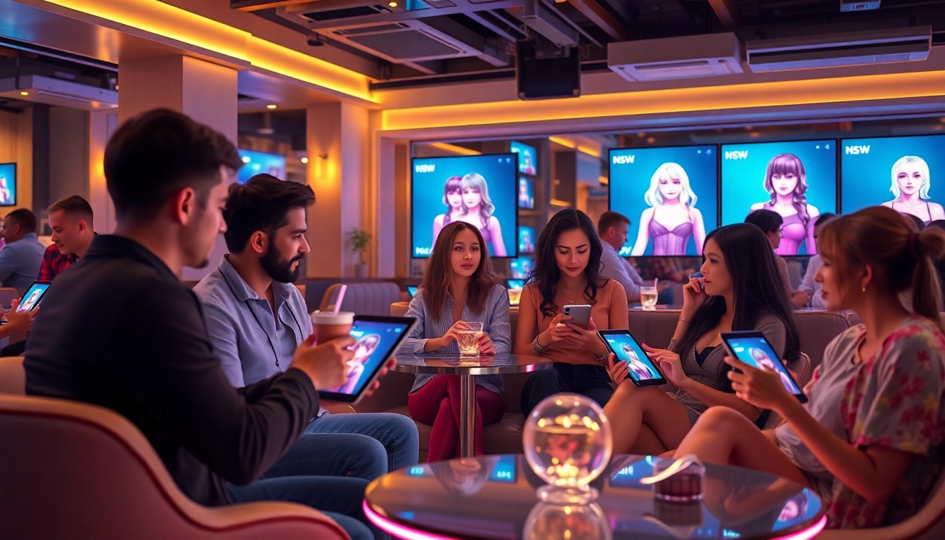 Engaging scene of users interacting with NSFW AI characters in a modern digital café, highlighting the future of companionship.