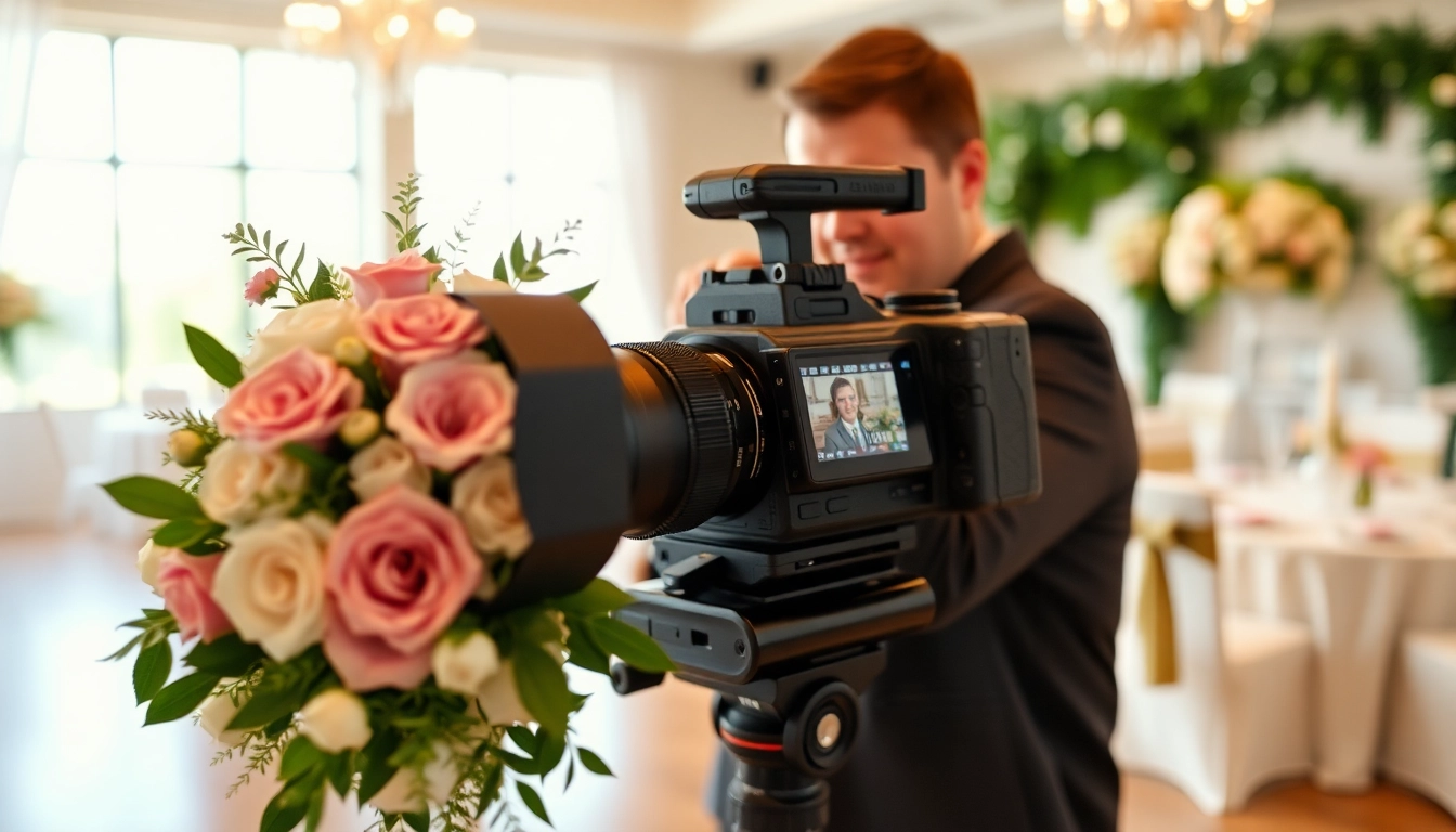 Edmonton videographer capturing a wedding scene with floral decorations and natural lighting.