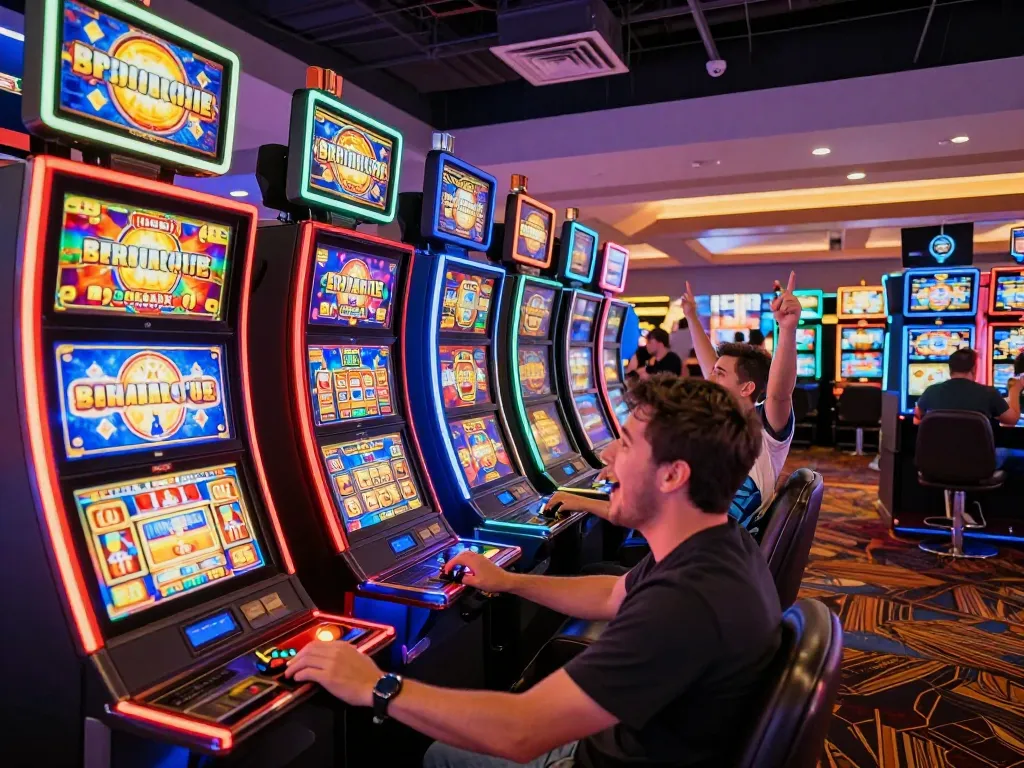 Engaged players celebrating wins at slot777 machines in a lively casino atmosphere