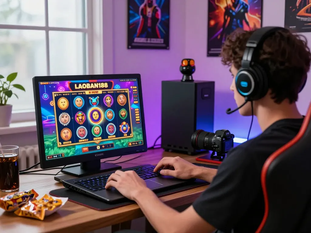 Pemain menikmati slot online LAOBAN188 di suasana kantor rumah yang cerah