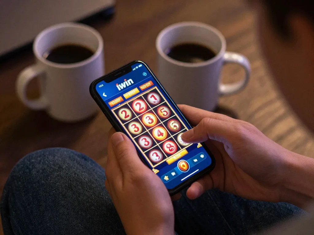 Iwin app displayed on smartphone, showcasing a player prepared for a strategic slot game.