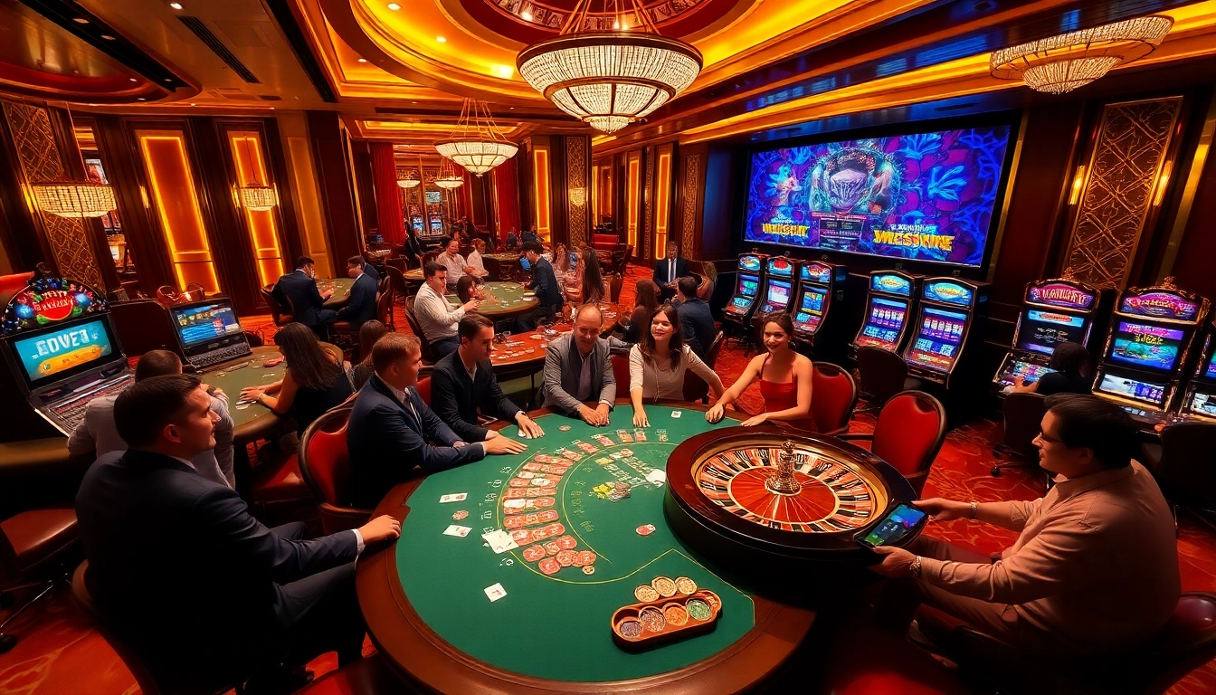A vibrant casino scene at 98win com featuring a poker table and roulette wheel with engaged players.