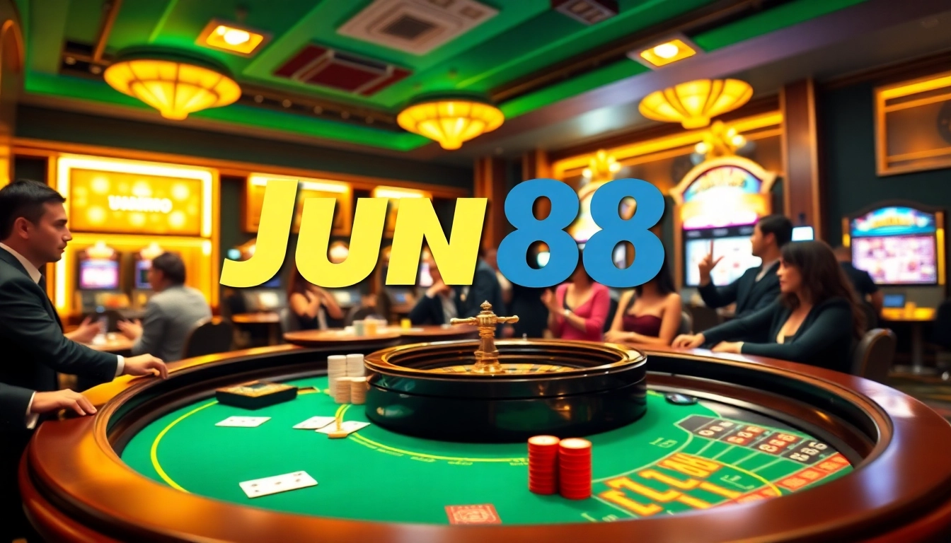 Experience dynamic gambling at Jun88 with vibrant casino tables and excited players.