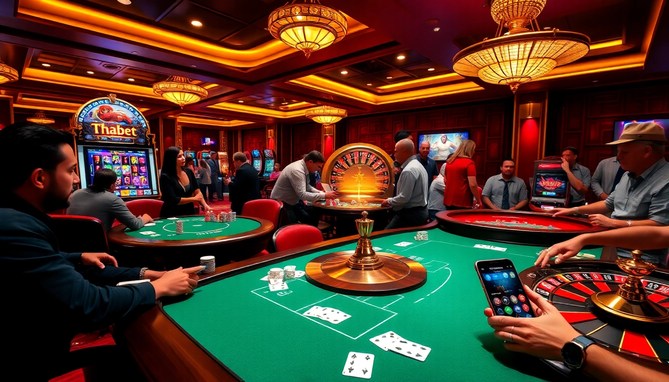 Engaging gameplay at thabet casino with vibrant slot machines and active poker tables.