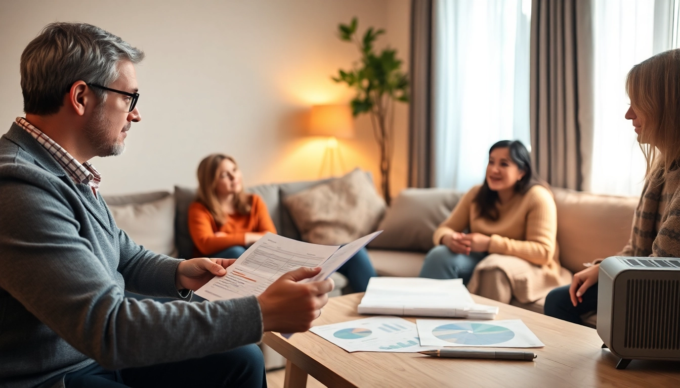 Discussing financing for heating options with a consultant in a cozy setting.