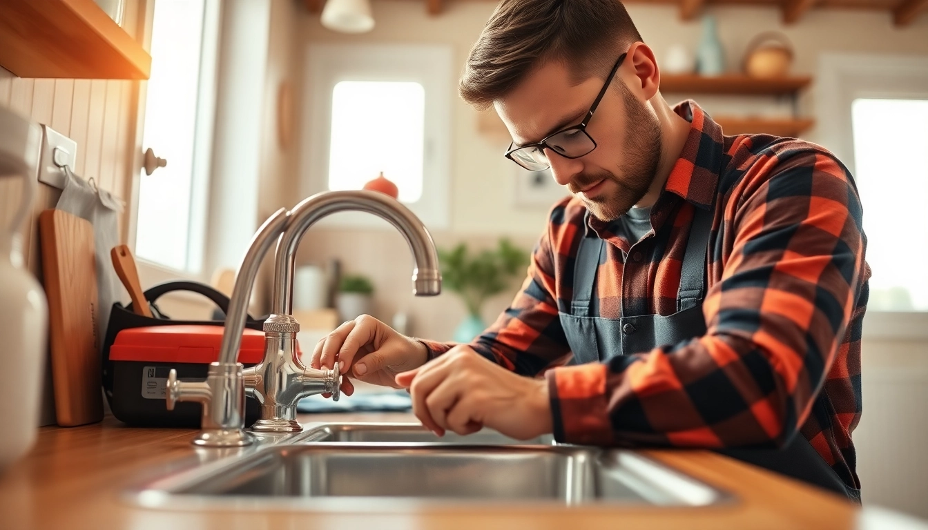 Handyman efficiently fixing a leaky faucet in a bright kitchen, showcasing his skills and tools.