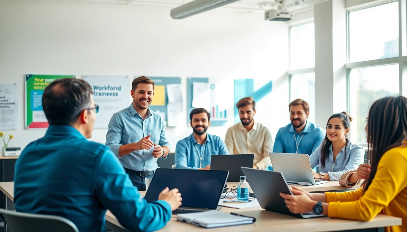 Engaged learners in workforce training session utilizing laptops and collaborating in a modern classroom.