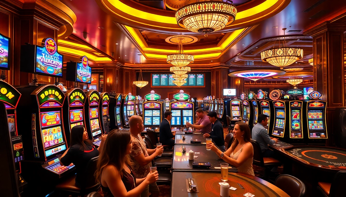 Excited players engaging with various slot machines, enjoying vibrant casino atmosphere.