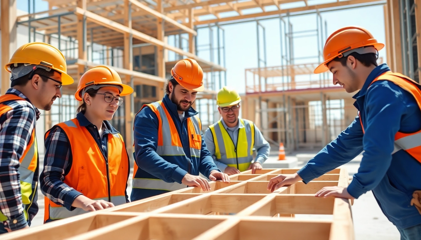 Construction apprenticeship in action as apprentices frame a building collaboratively on-site.