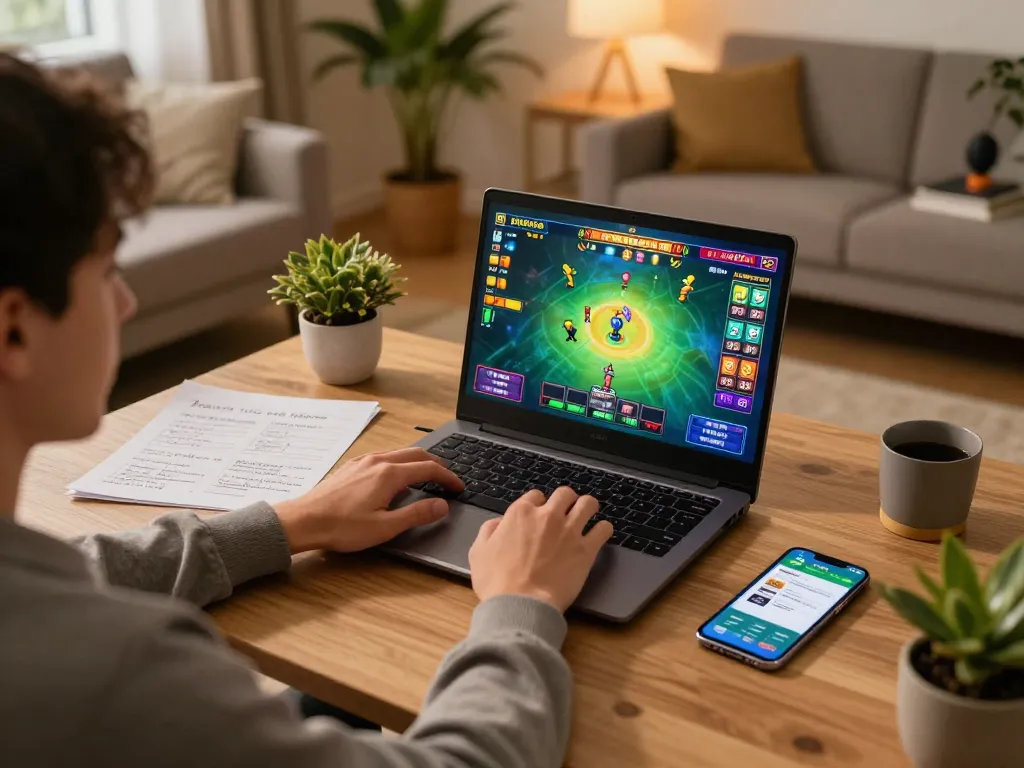 Nohu online gaming session with player enjoying slots on laptop in a cozy modern setting