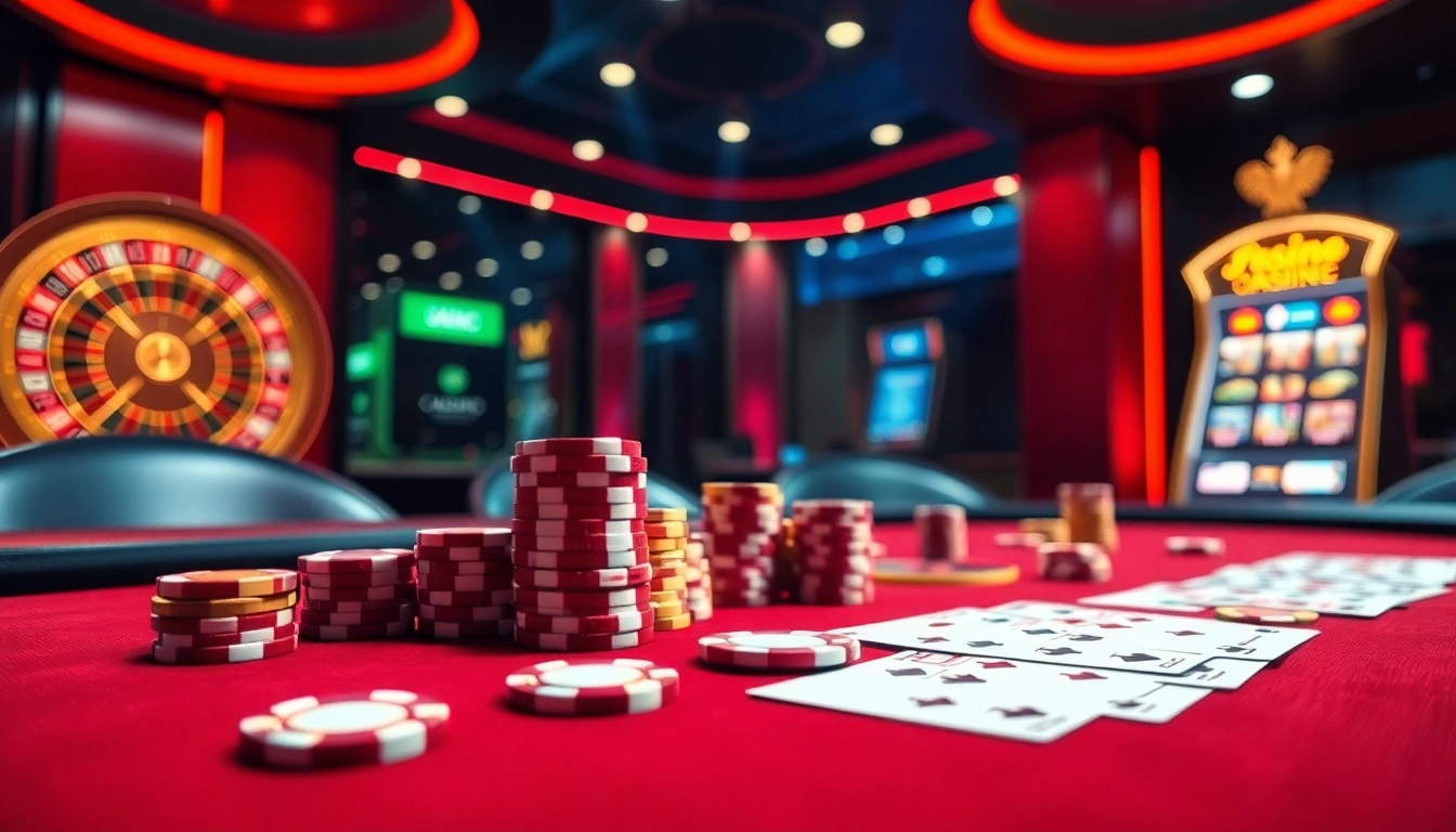 Découvrez l'atmosphère palpitante d'un casino en ligne avec des jetons de poker et des cartes.