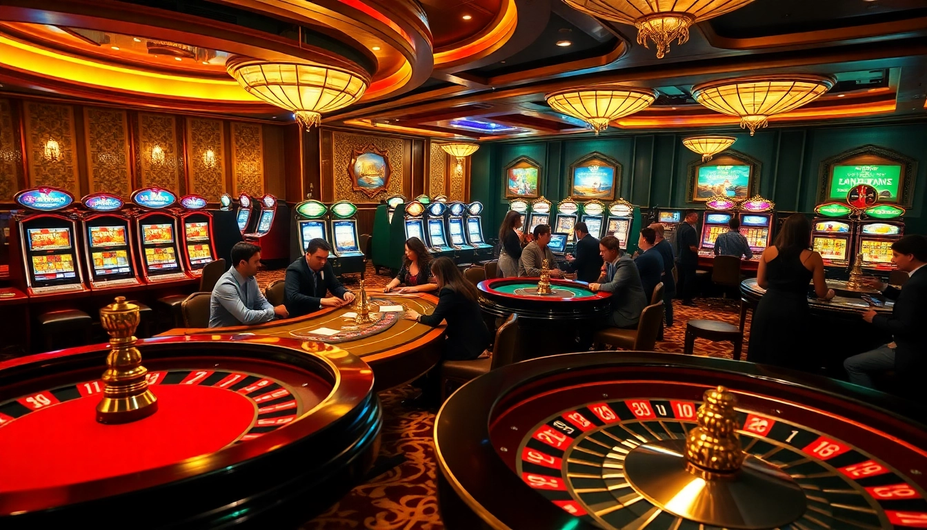Exciting AF88 casino scene featuring poker tables, roulette wheels, and slot machines.