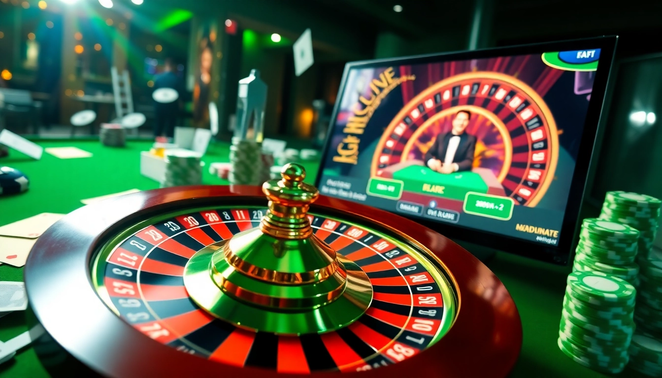 Scène de jeu en ligne captivante mettant en avant des jeux de table de casino en ligne et des graphiques virtuels vibrants.