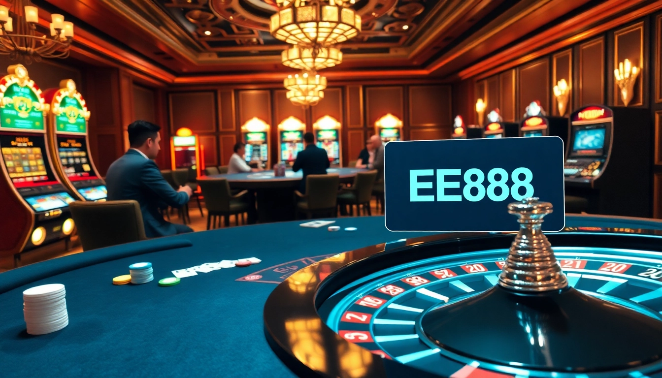 Players enjoying a thrilling poker game at EE88's luxurious casino.