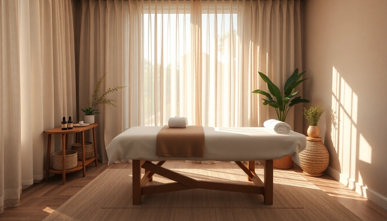 마사지 테이블, 아로마테라피 오일, 자연광이 있는 1인샵 마사지 룸의 편안한 환경.
