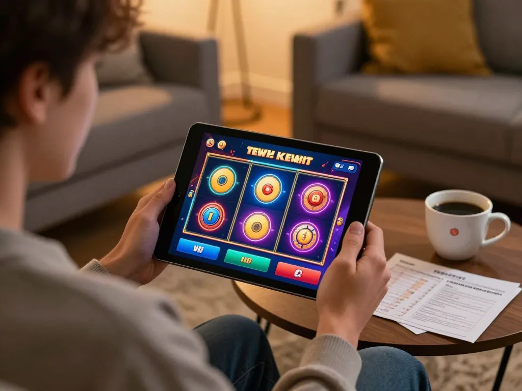 Engaging in slot bet kecil gameplay on a tablet in a cozy home environment.