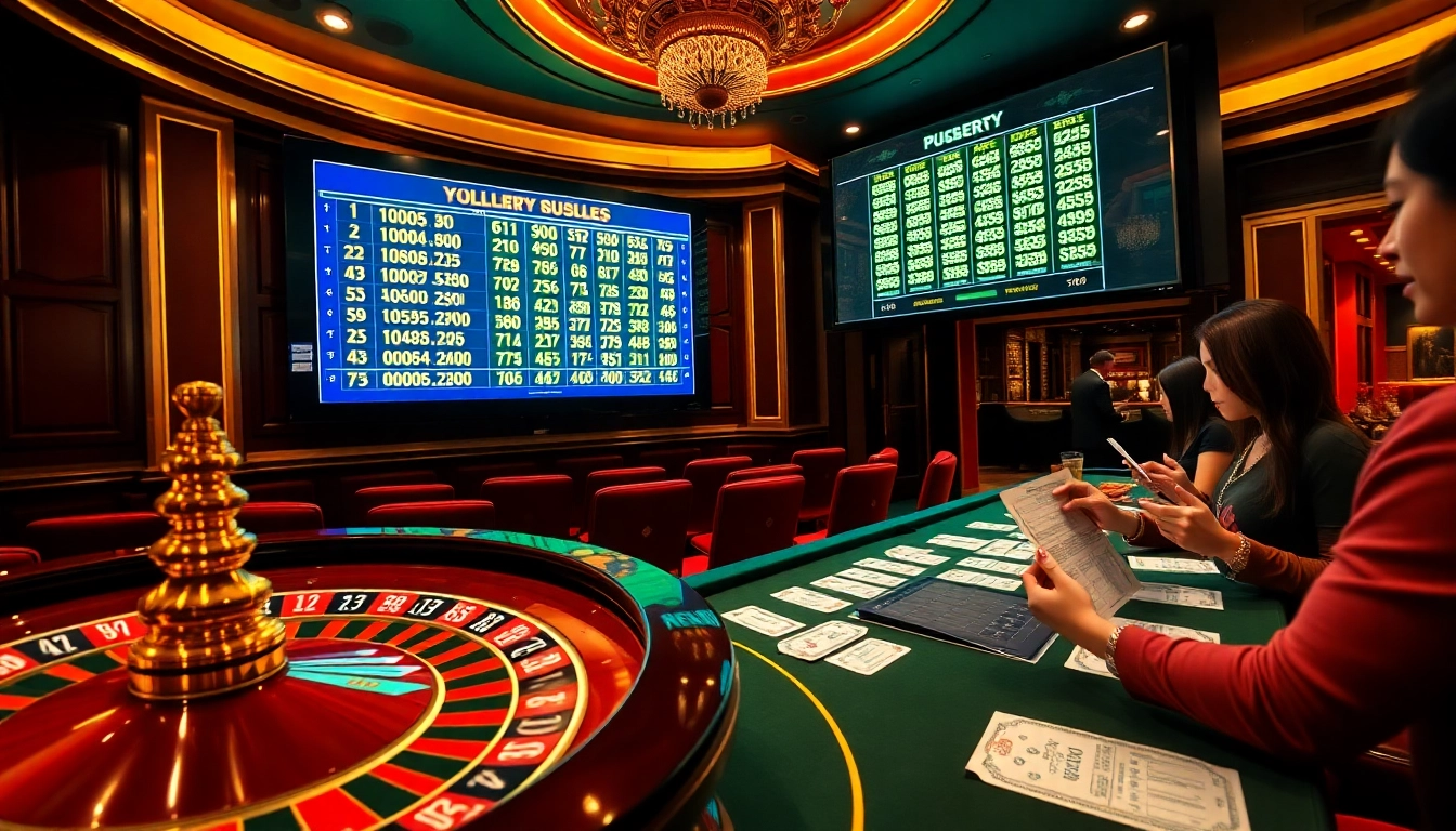 Kết quả xổ số hôm nay showcased in a luxurious casino environment with excited players checking their lottery tickets.
