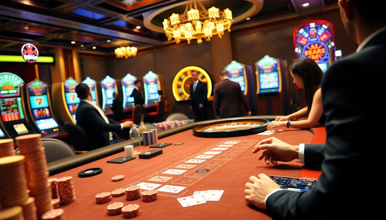 High-stakes casino scene featuring 98win players at a poker table with vibrant slot machines.