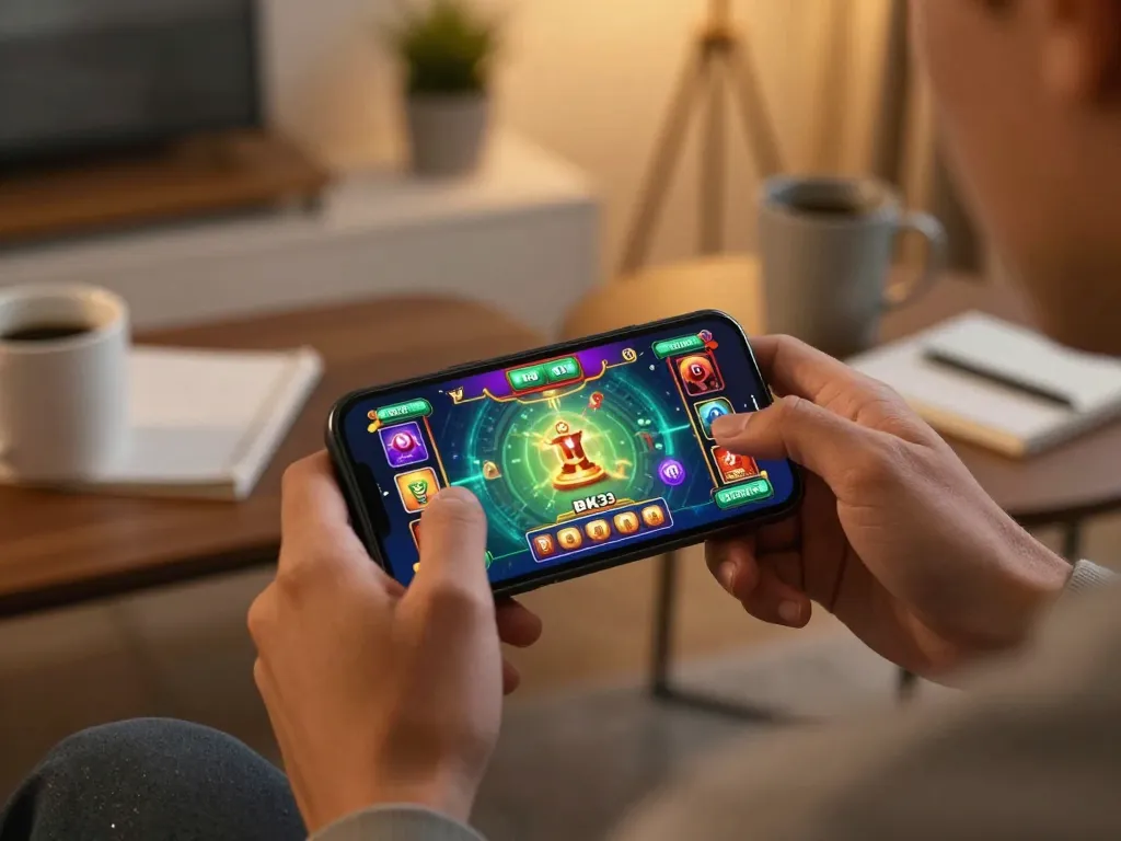 Engaging gameplay on the BK33 app showcasing vibrant graphics in a cozy home setting.