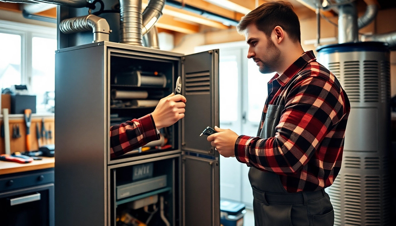 Technician performing furnace maintenance services in a residential setting, ensuring heating efficiency.