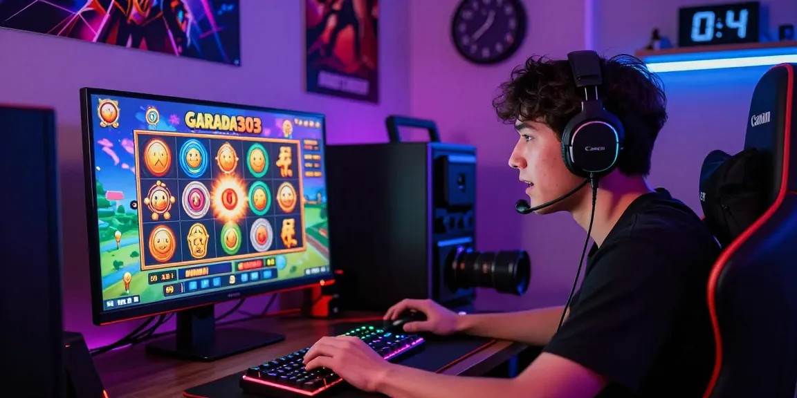 Excited gamer playing garuda303 slot game with vibrant colorful graphics in a cozy setup.