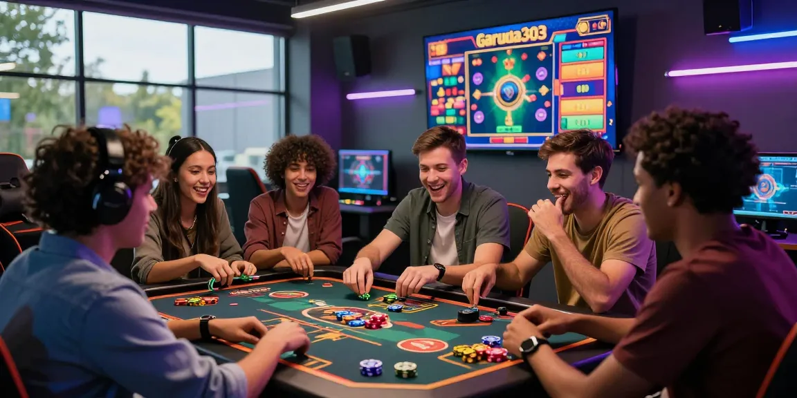 Exciting gathering of friends enjoying Garuda303 slot games in vibrant gaming lounge.