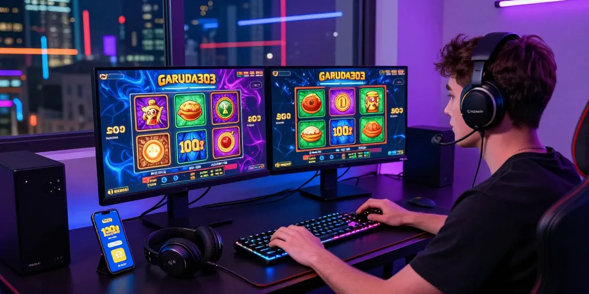 Engaged player enjoying Garuda303 slot game on a vibrant gaming setup with dual monitors and colorful visuals.