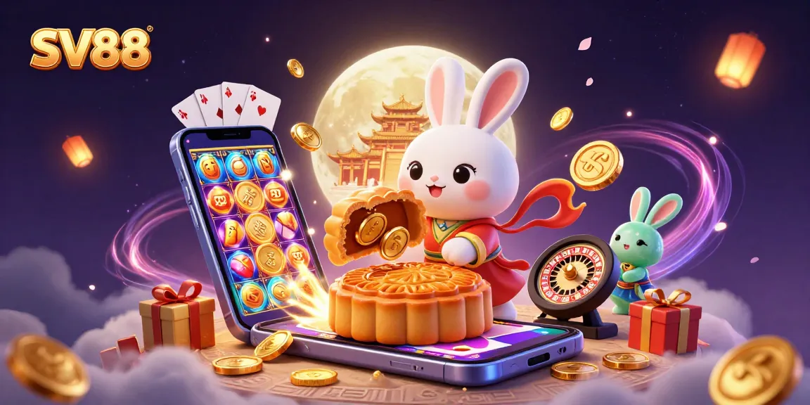 Experience SV88's vibrant casino world with a moon rabbit surrounded by exciting gaming elements.