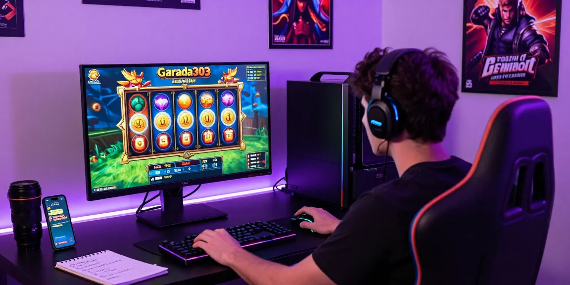 Player engaging with garuda303 slot game surrounded by an immersive gaming setup and colorful atmosphere.