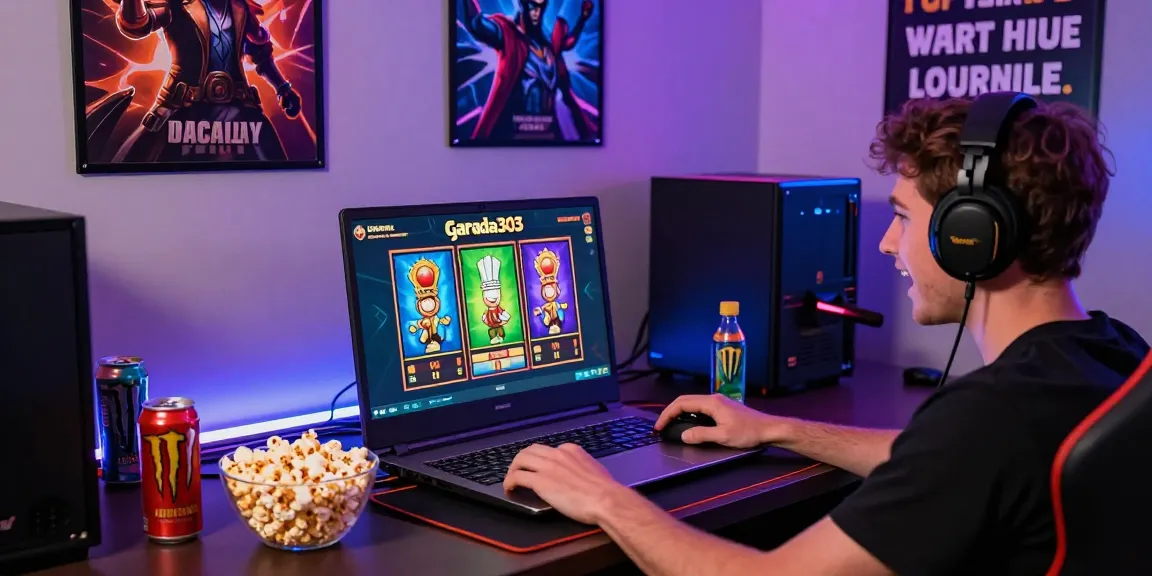 Excited player enjoying garuda303 slot on laptop in colorful gaming setup.