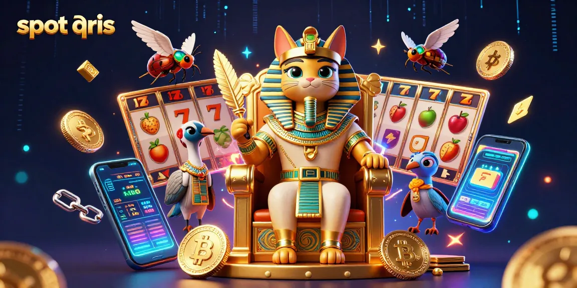 Experience slot qris gameplay with a vibrant scene featuring pharaoh cat and colorful casino elements.