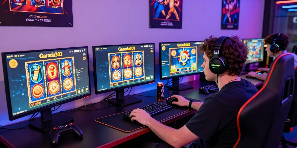 Immersive garuda303 slot gaming environment with player focusing on vibrant slot interfaces, headphones on