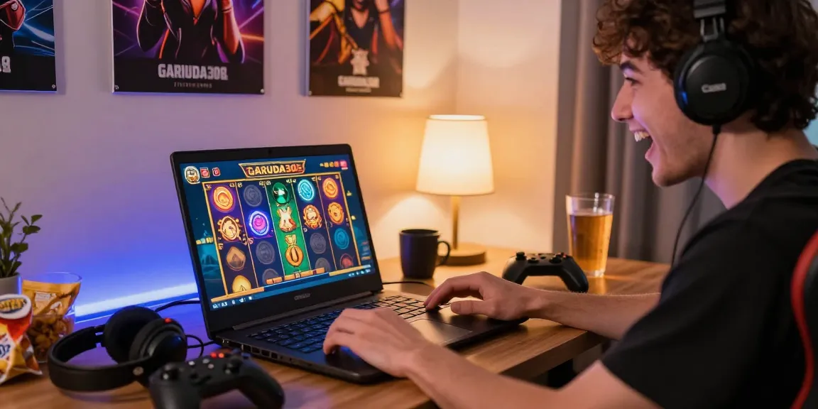 Engaging player enjoying the GARUDA303 slot game on a laptop in a vibrant gaming ambiance.