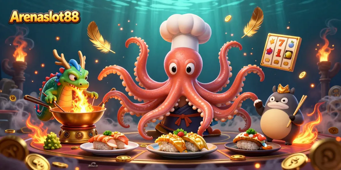 Arenaslot88 brings luck as a sushi chef octopus crafts dishes in a vibrant casino scene.